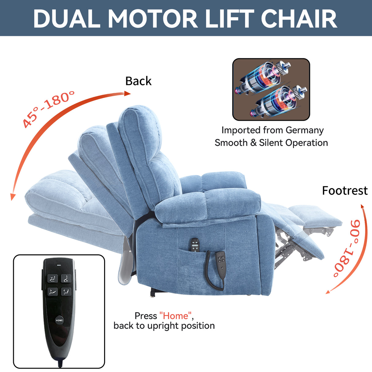 Blue Heat Massage Dual Motor Lift Recliner Chair