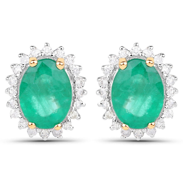 2.66 Carat Genuine Zambian Emerald and White Diamond 14K Yellow Gold Earrings