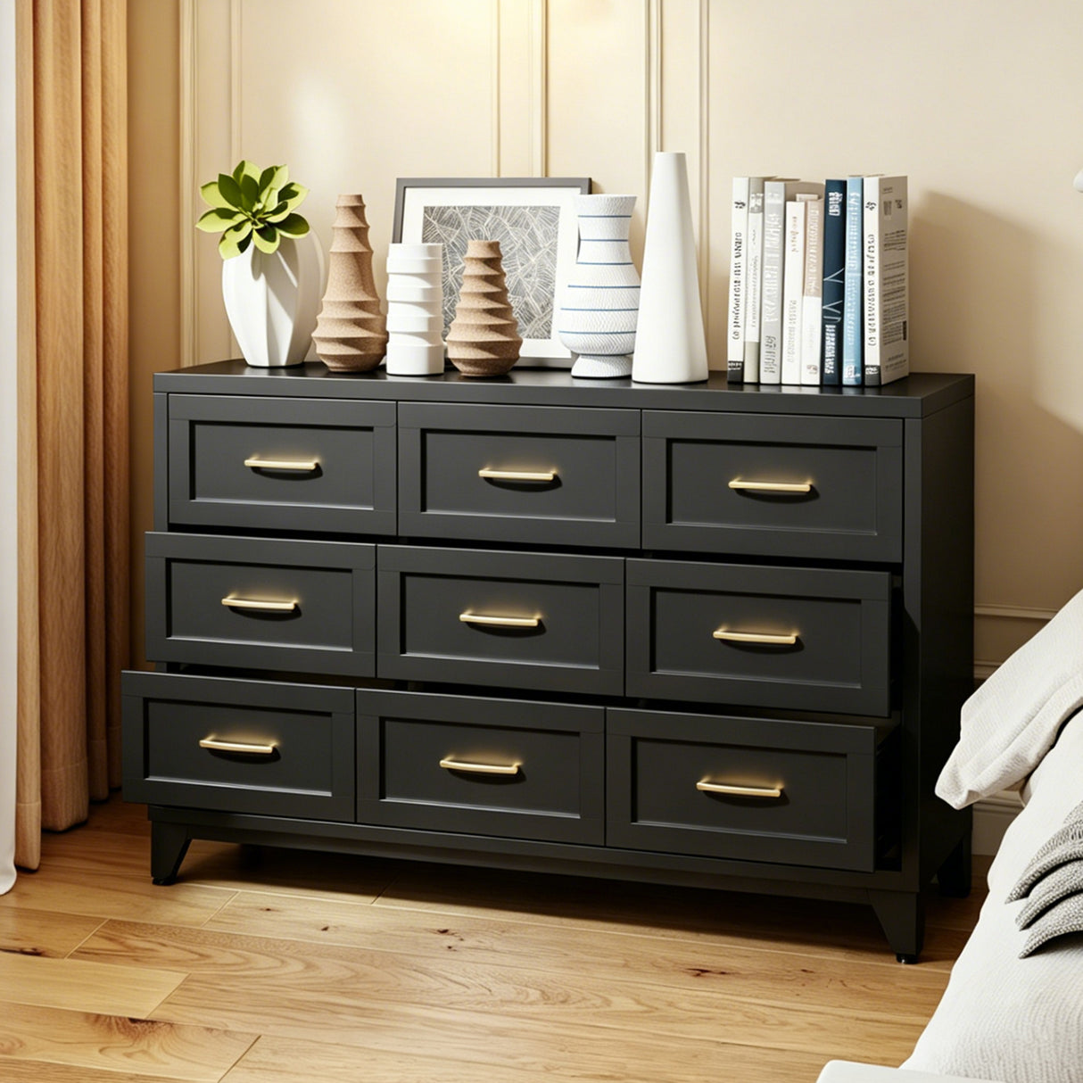 9 Drawer Dresser for Bedroom, Metal Profile Chest of Drawers