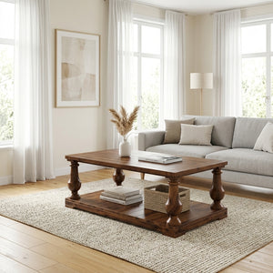Farmhouse Coffee Table with Storage Shelf, Solid Pine Wood Turned Legs, Walnut
