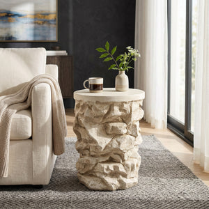 Beige Round Faux Stacked Stone MGO Side Table