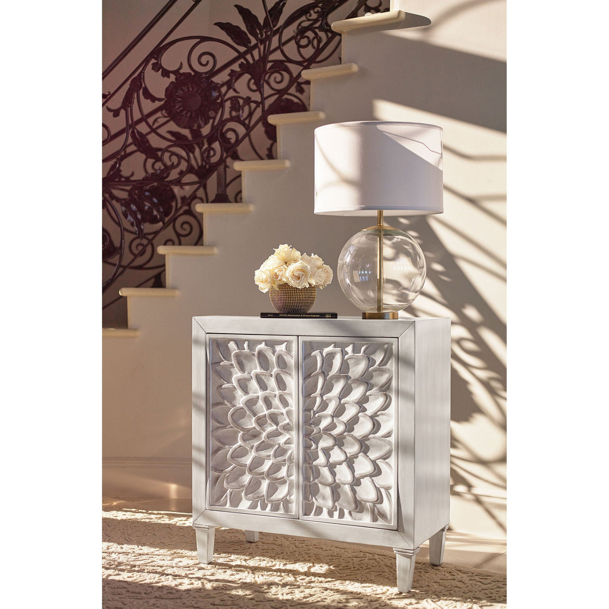 2 Door Accent Cabinet With Floral Carving Storage Furniture - White