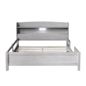 Wood Platform Bed With Built In LED Light, Storage Headboard And Guardrail
