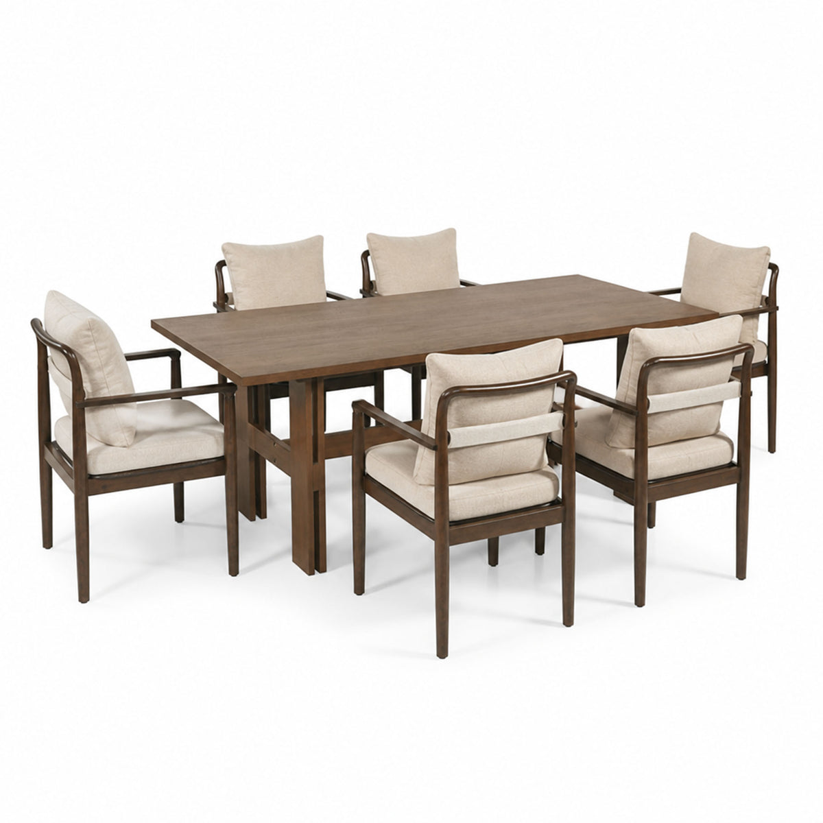 7-Piece Mid-Century Dining Set, 71" Rectangular Rubber Wood Dining Table