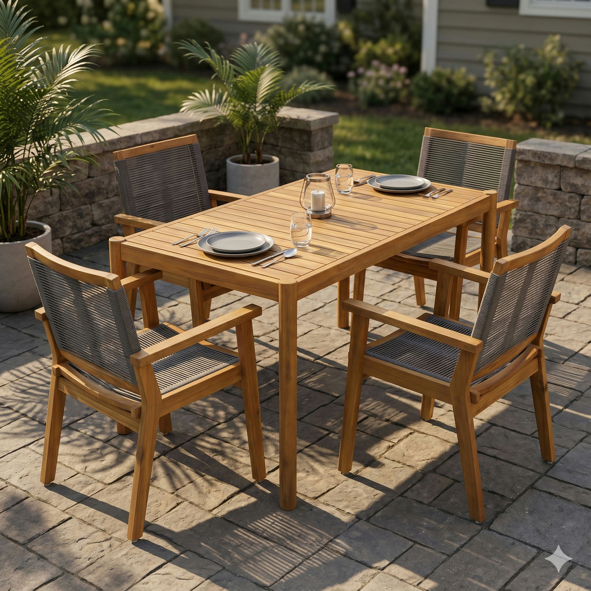 5-Piece Outdoor Acacia Wood Dining Set, 54.75" Teak Rectangular Table & 4 Dark Grey Chairs