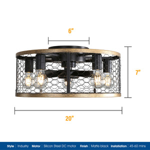 20" Industrial Caged Ceiling Fan, With 7 - ABS Blades Remote Control Reversible DC Motor, Small Flush Mount Ceiling Fan For Farmhouse - Black
