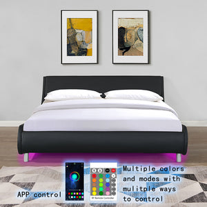 Queen Size Upholstered Platform Bed Frame With LED Lighting, Curve Design, Slat Support, No Box Spring Needed - Black