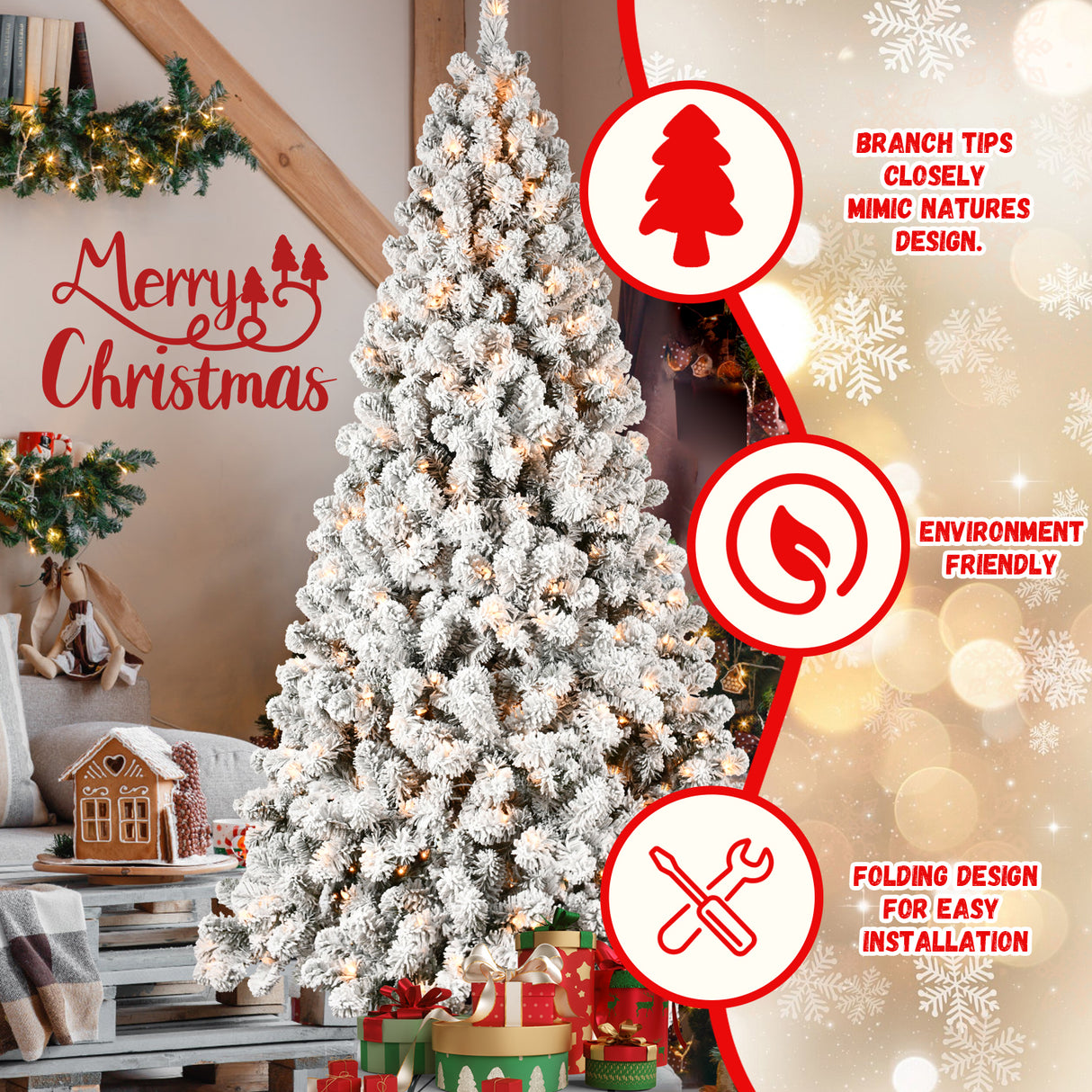 6ft Flocked Pre-Lit Christmas Tree with 300 UL Warm Lights