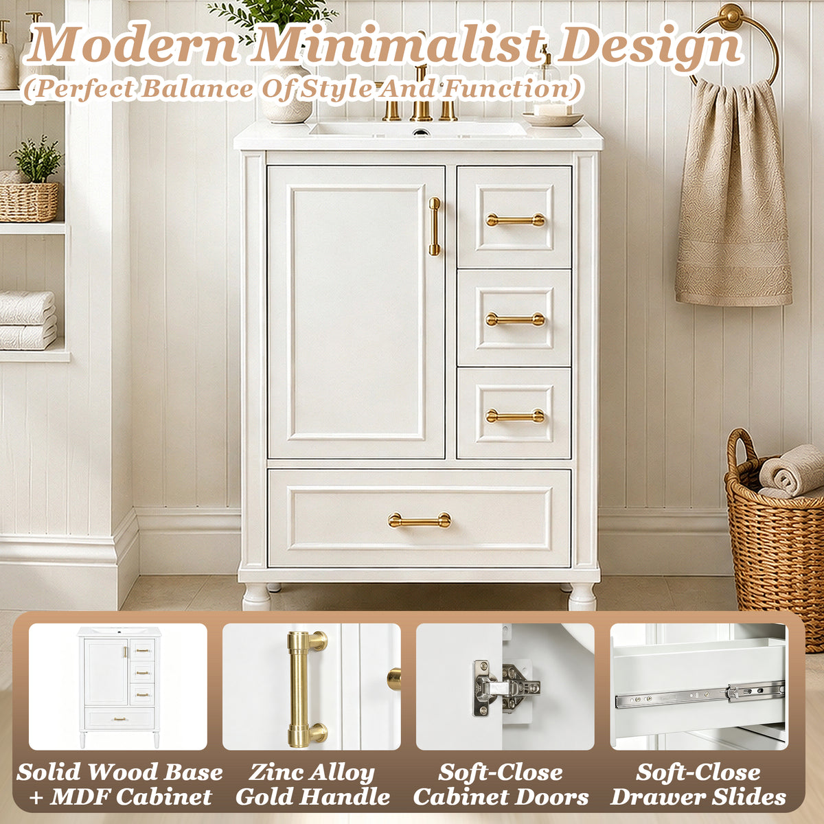 24" Modern Bathroom Vanity with Ceramic Sink