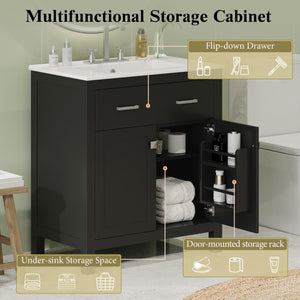 Bathroom Vanity With Ceramic Sink, Modern Single Bathroom Cabinet With 2 Doors And A Shelf, Soft Close Doors