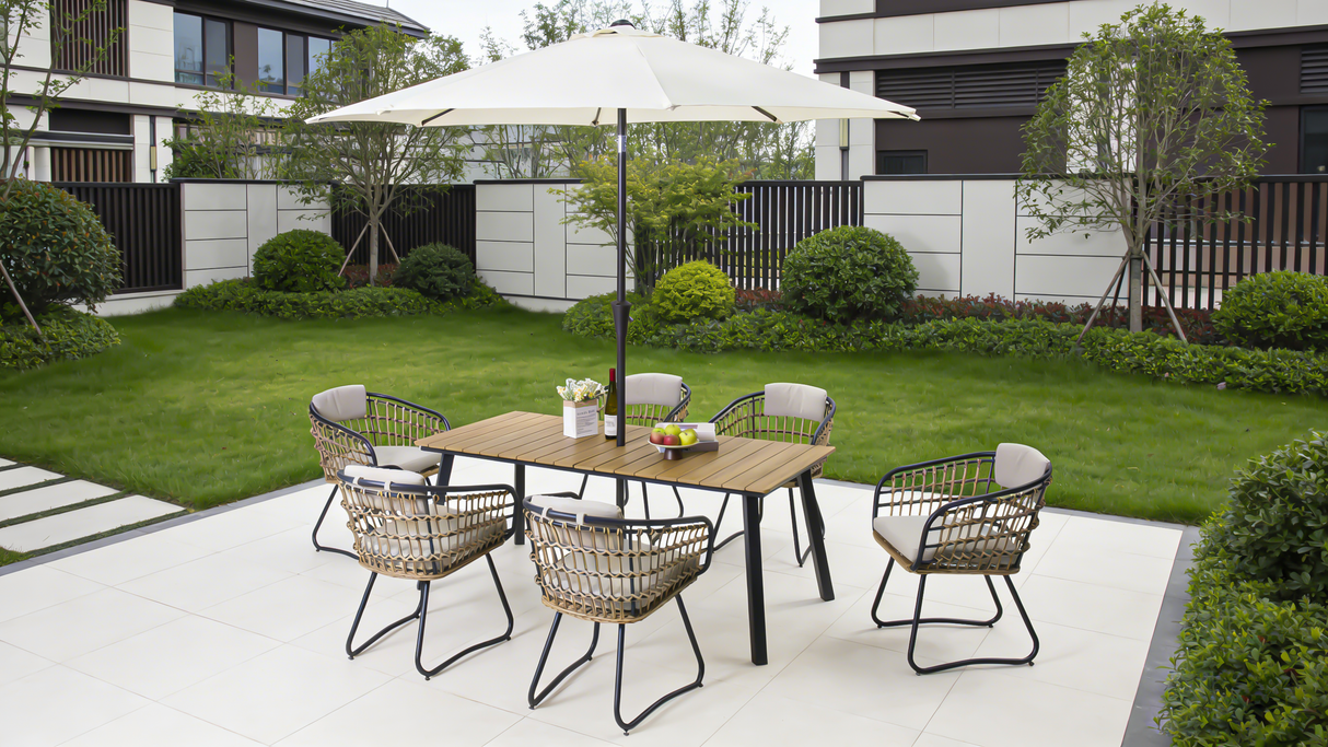 7-Piece Outdoor Wicker Dining Set with Wood-Plastic Composite Board Table
