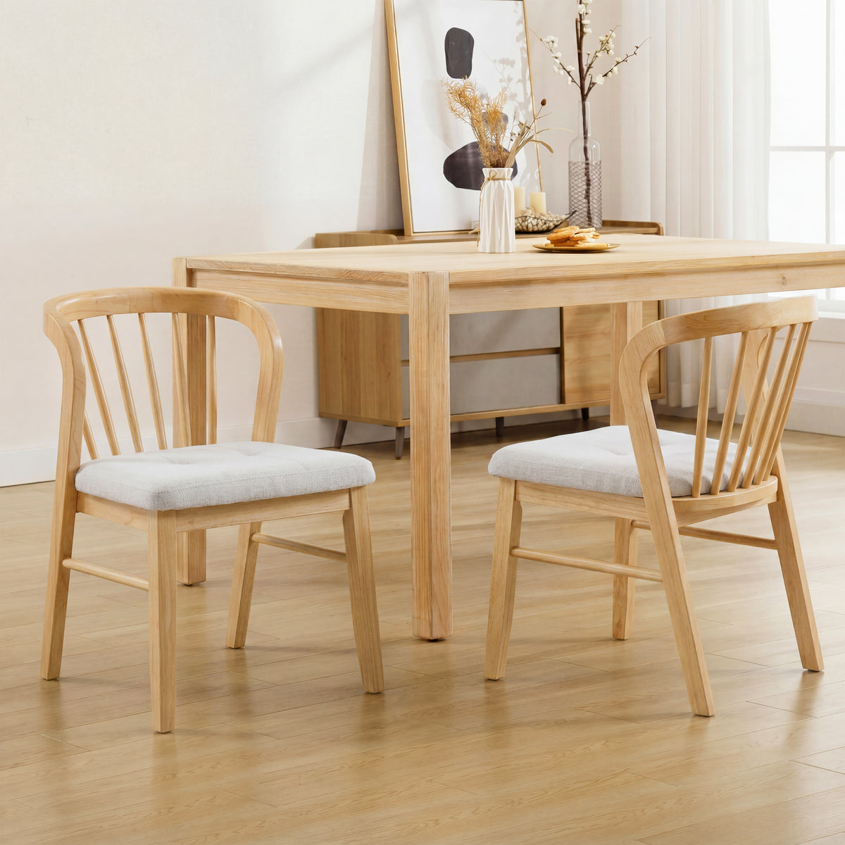 Mid-Century Modern Rubber Wood Dining Chair With Upholstered Seat (Set of 2)