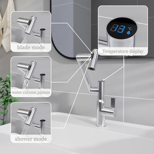 Bathroom Sink Faucet With Spray Function And Temperature Display, Anti Skid Switch, 360 Degree Rotary