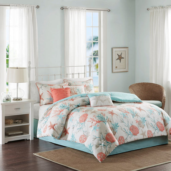 7 Piece Cotton Sateen Comforter Set Coral King