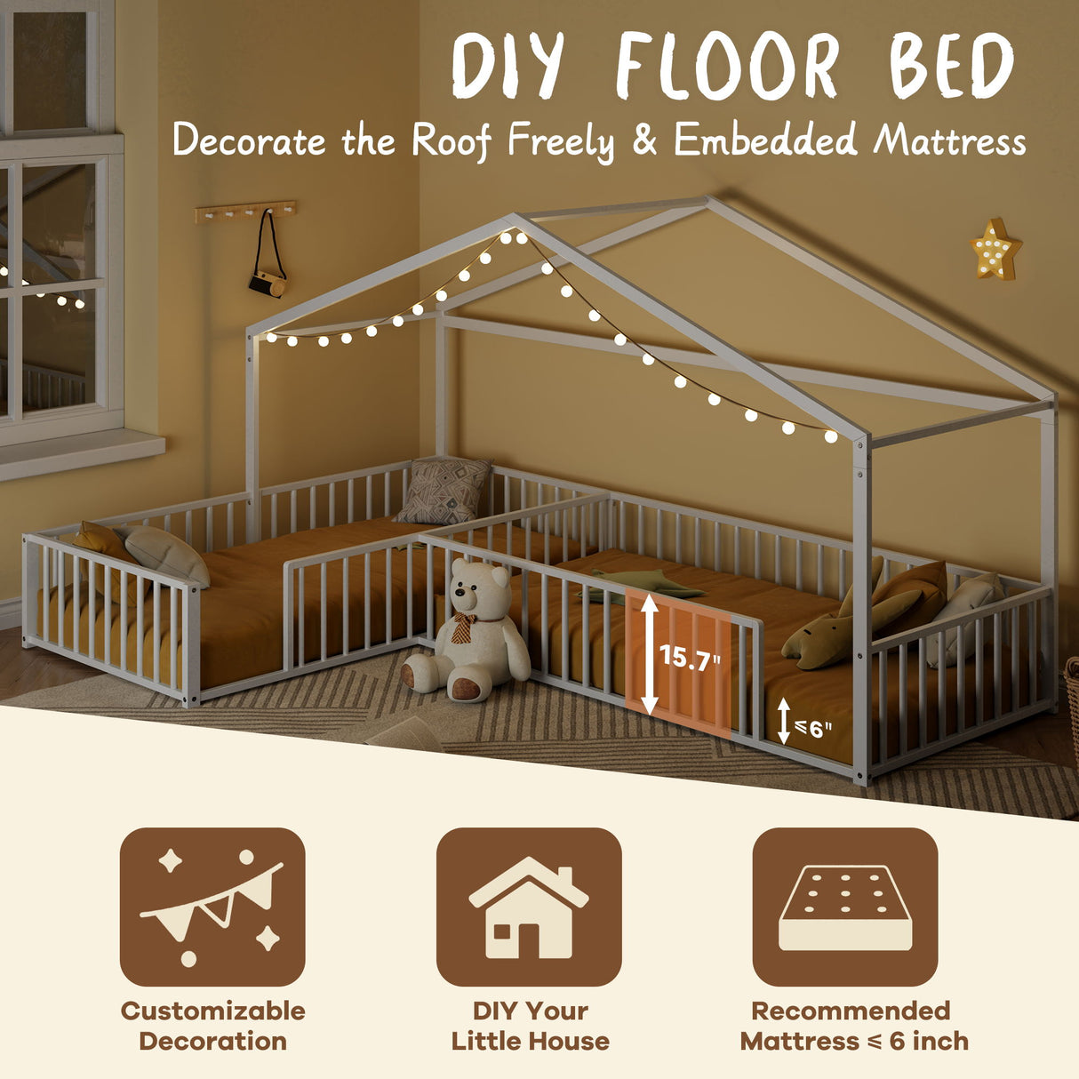 L-Shaped Montessori Bed For 2 Kids With Partitioned Fence