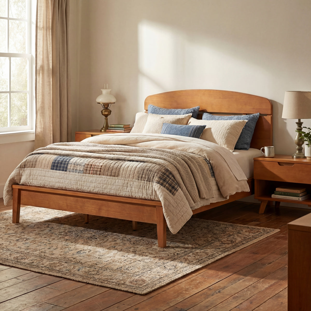 Queen Size Solid Wood Platform Bed with Curved Headboard