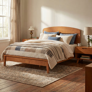 Queen Size Solid Wood Platform Bed with Curved Headboard
