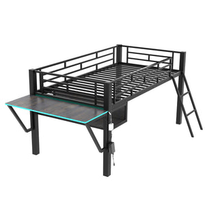 Modern Gaming Mid Loft Bed With Desk And LED Lights