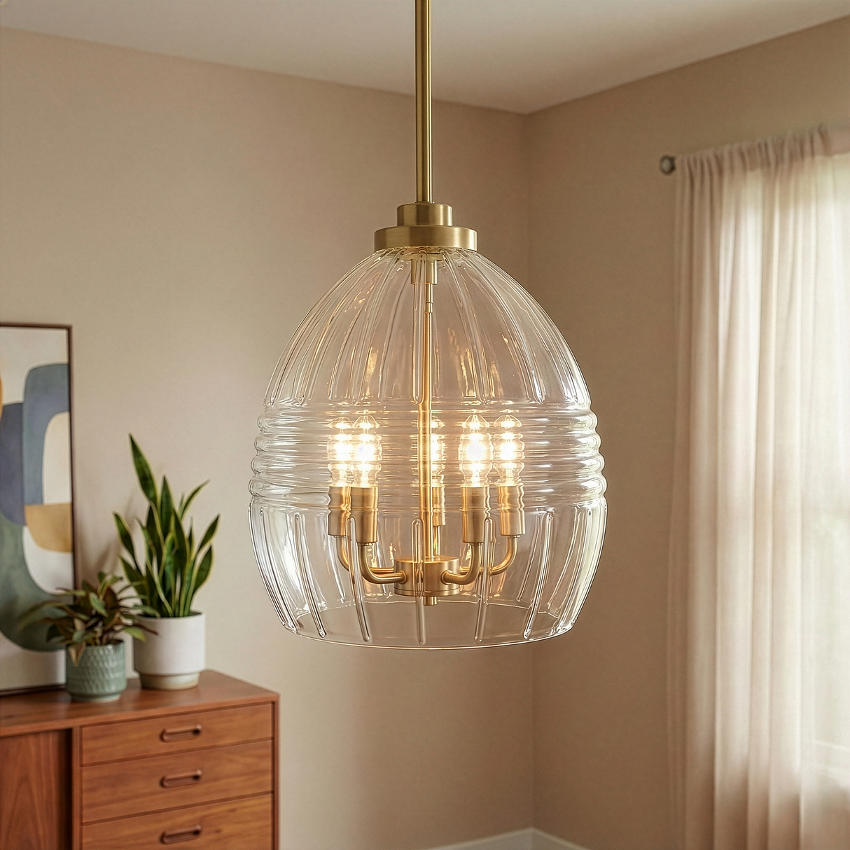 Zen Five Pendant Chain Hanging Light with Clear Glass - Satin