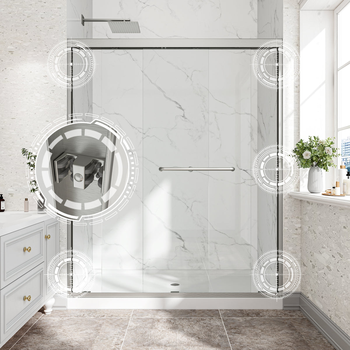Brushed Nickel Reversible Installation Double Bypass Sliding Shower Door