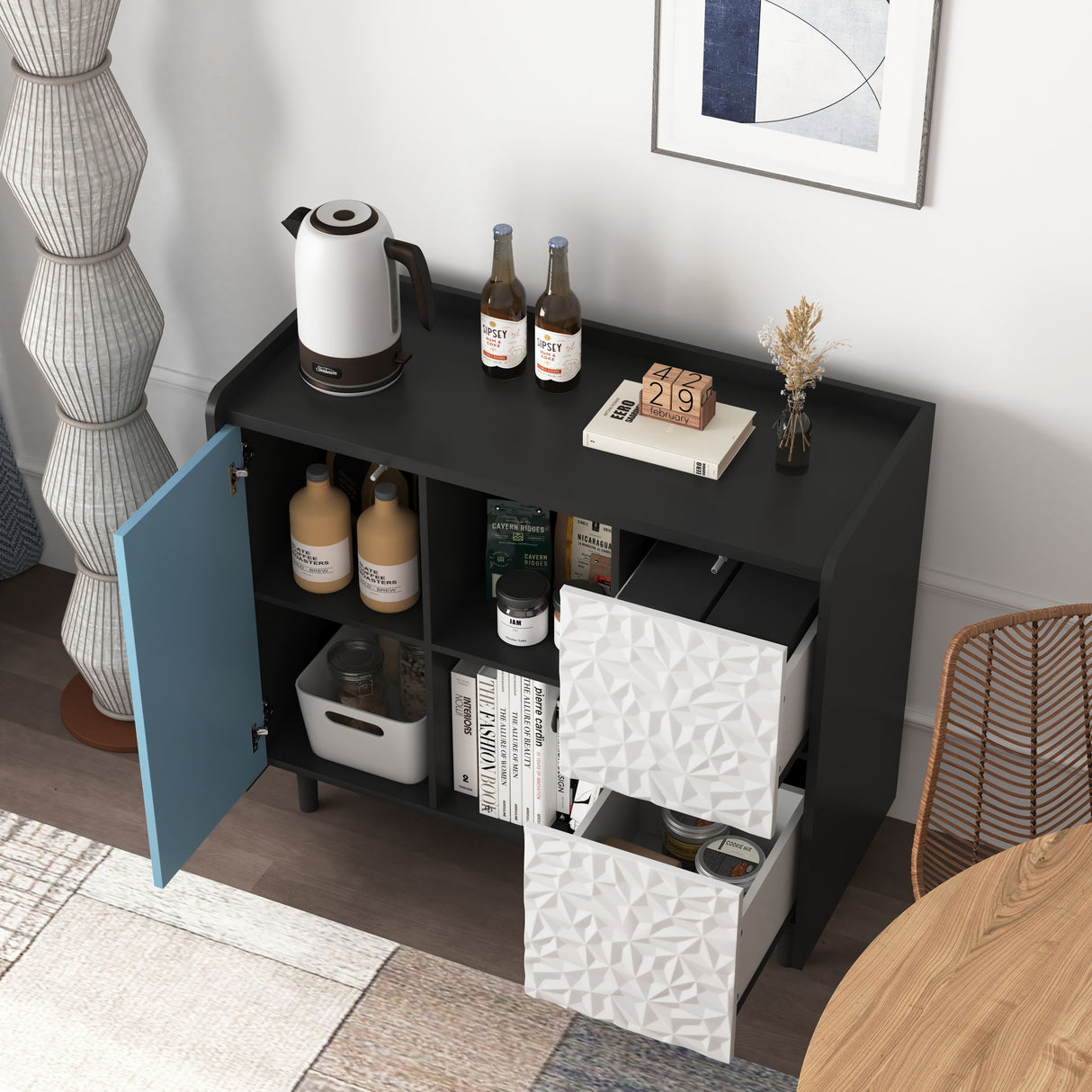 Modern Sideboard Buffet Cabinet With Doors And Unique Panel Styling