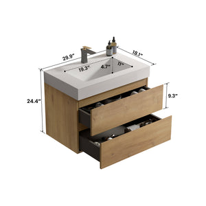 Alice 30" Wall-Mounted Bathroom Vanity, Natural Wood with Soft-Close Drawers