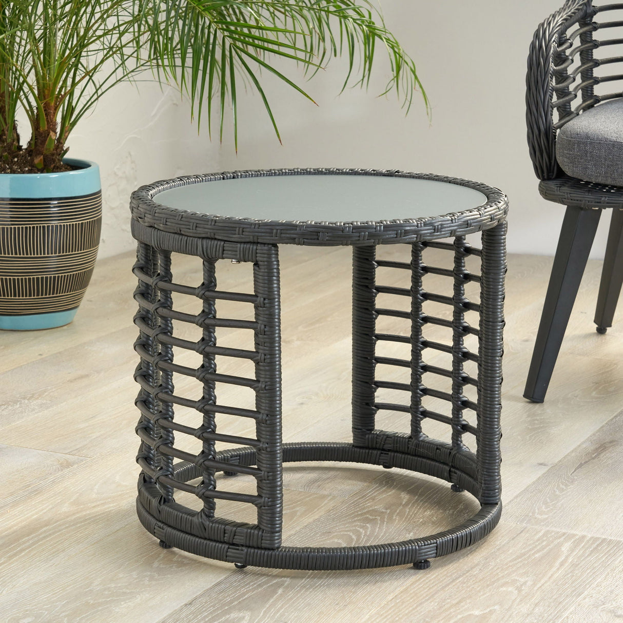 Achill - Outdoor Modern Boho Wicker Side Table With Glass Top - Gray - Best Buy Furniture