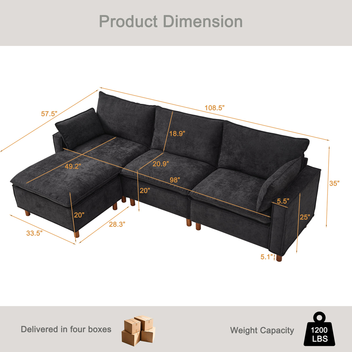 108.5" Modular Sectional L Shape Sofa with Movable Ottoman