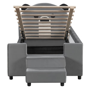 Upholstered Daybed With Bear Shaped Headboard, Hydraulic System And Breathable Fence