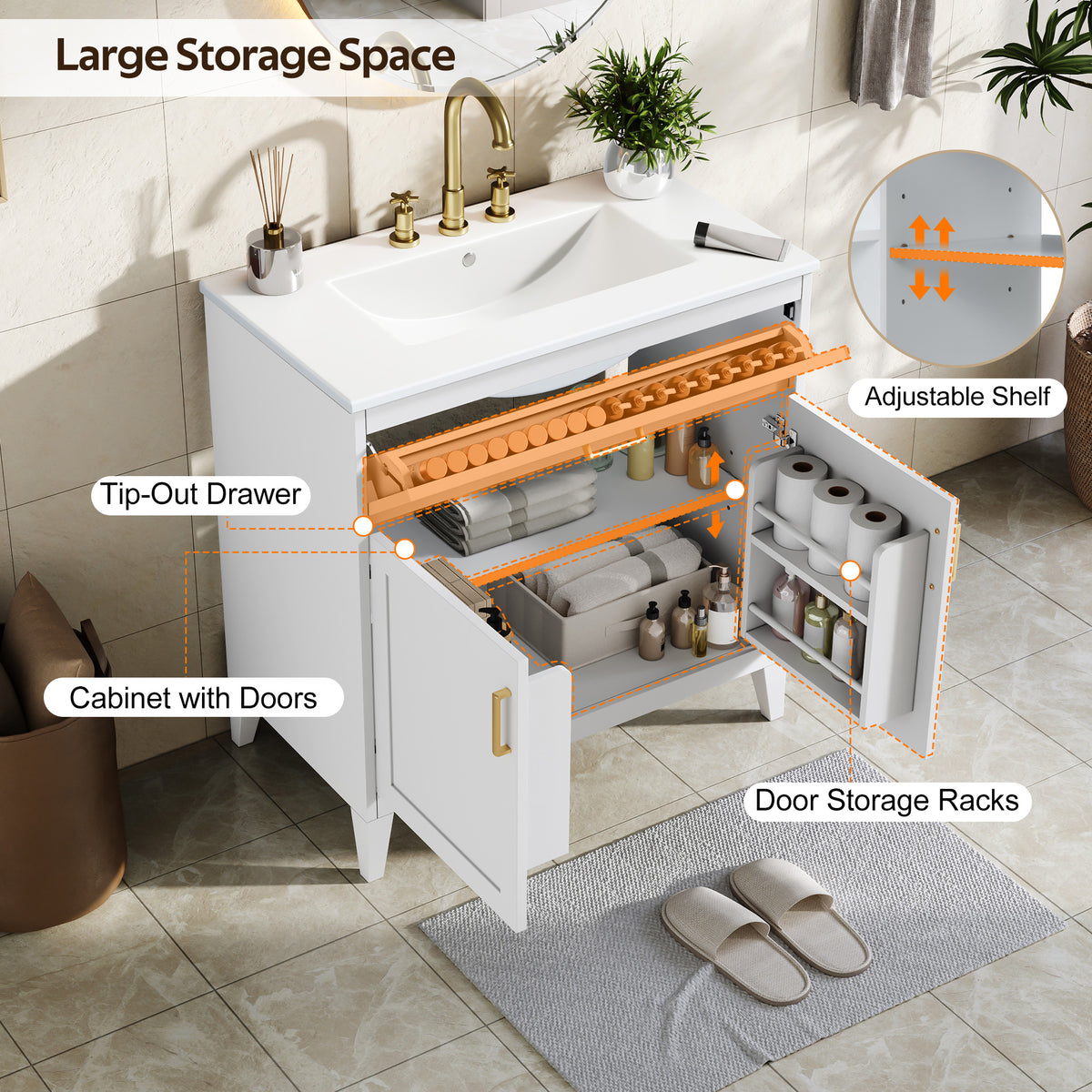 30-Inch Bathroom Vanity with Ceramic Sink Top, Soft-Close Doors, White