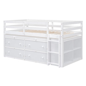 Loft Bed With Retractable Writing Desk And 4 Drawers, With Lateral Portable Desk And Shelves