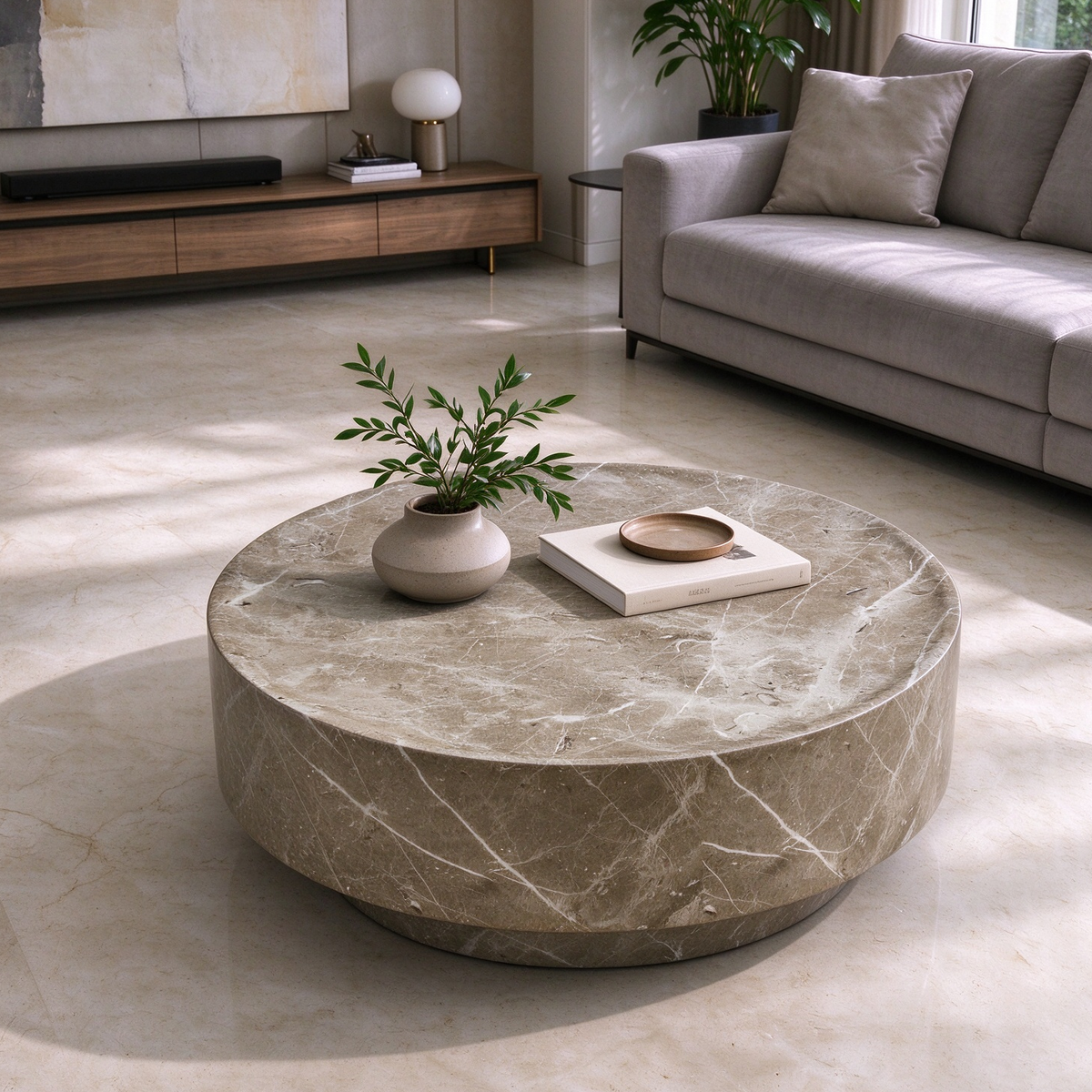 Travertine-Look Round Coffee Table, 31.5-Inch, Brown