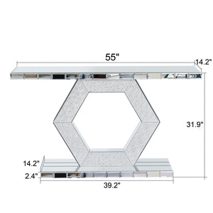 Sparkling Crystal Hexagon Mirror Entryway Premium Modern Foyer Console Table With Diamond Glass Effects, Dual Tier Luxury Sofa Table - Silver