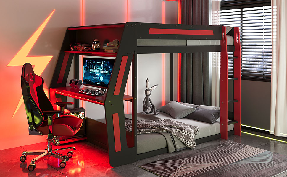 Full-Size Gaming Bunk Bed with Side-Mounted Oversized RGB Desk