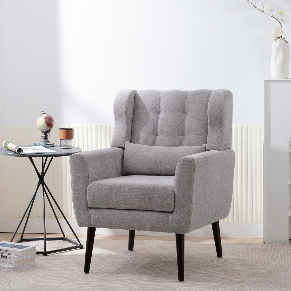 Modern Accent Chair, Arm Chairs For Living Room, Upholstered Mordern Armchair, Comfy Soft Padded Lounge Chair In Small Space, Bedroom, With Pillow, Solid Wood Leg