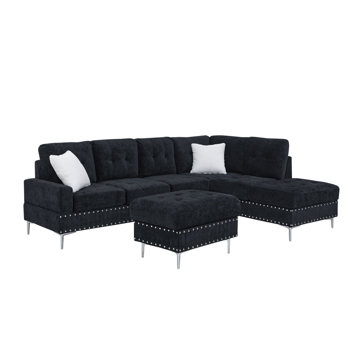 L-Shaped Sectional Sofa With Chaise And Storage Ottoman, Includes 2 Pillows