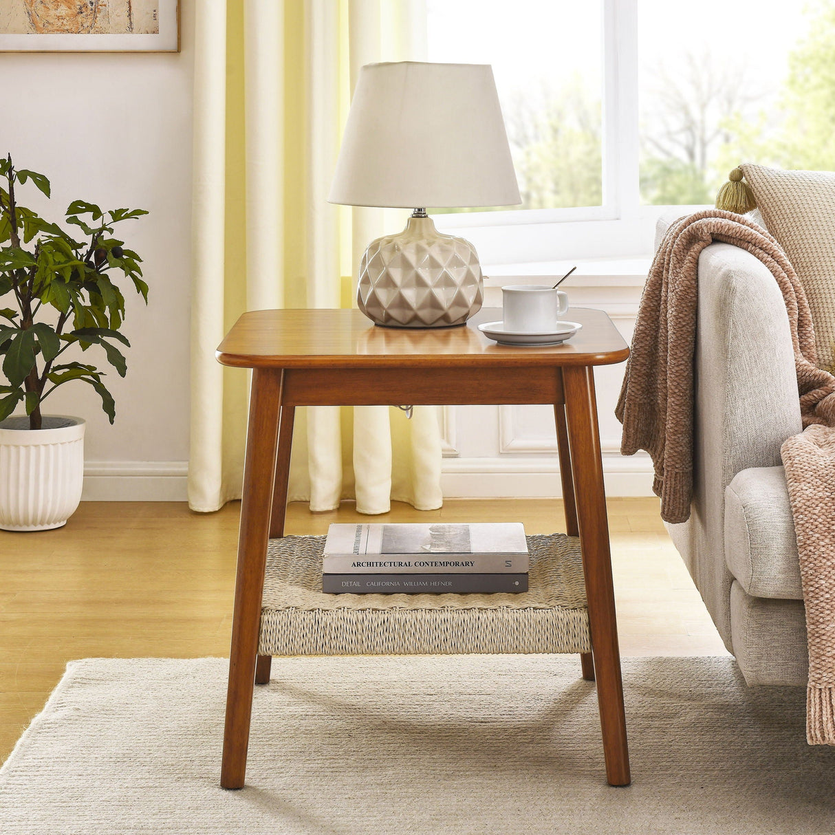 Mid - Century Square Side Table With Woven Shelf - Walnut