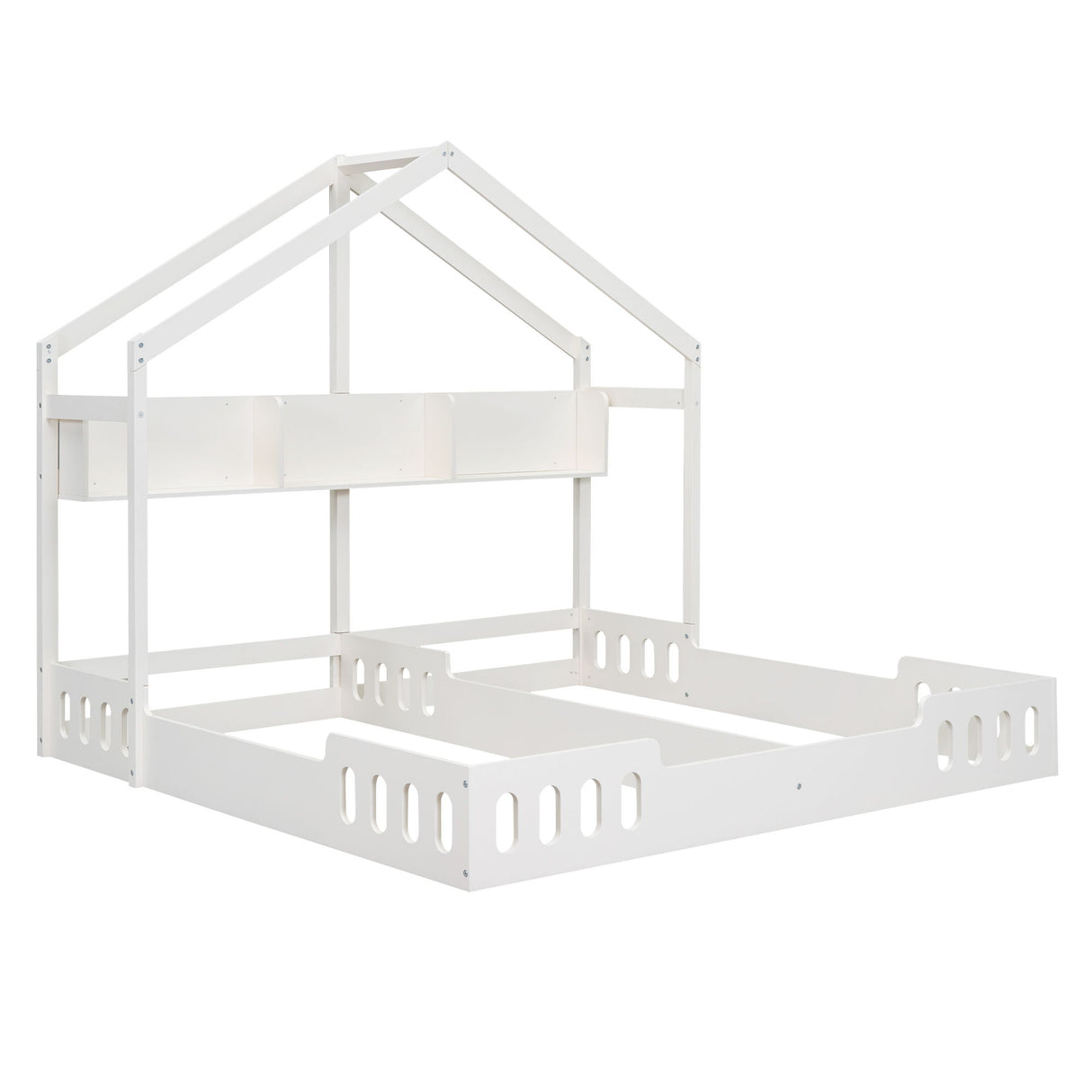 Twin Size Platform Bed With Shared Design, Guardrails, And Built In Shelves - Creamy White