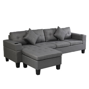 Modern Sectional Sofa Set With L Shape Chaise Lounge, Cup Holder, 4 Seat - Gray