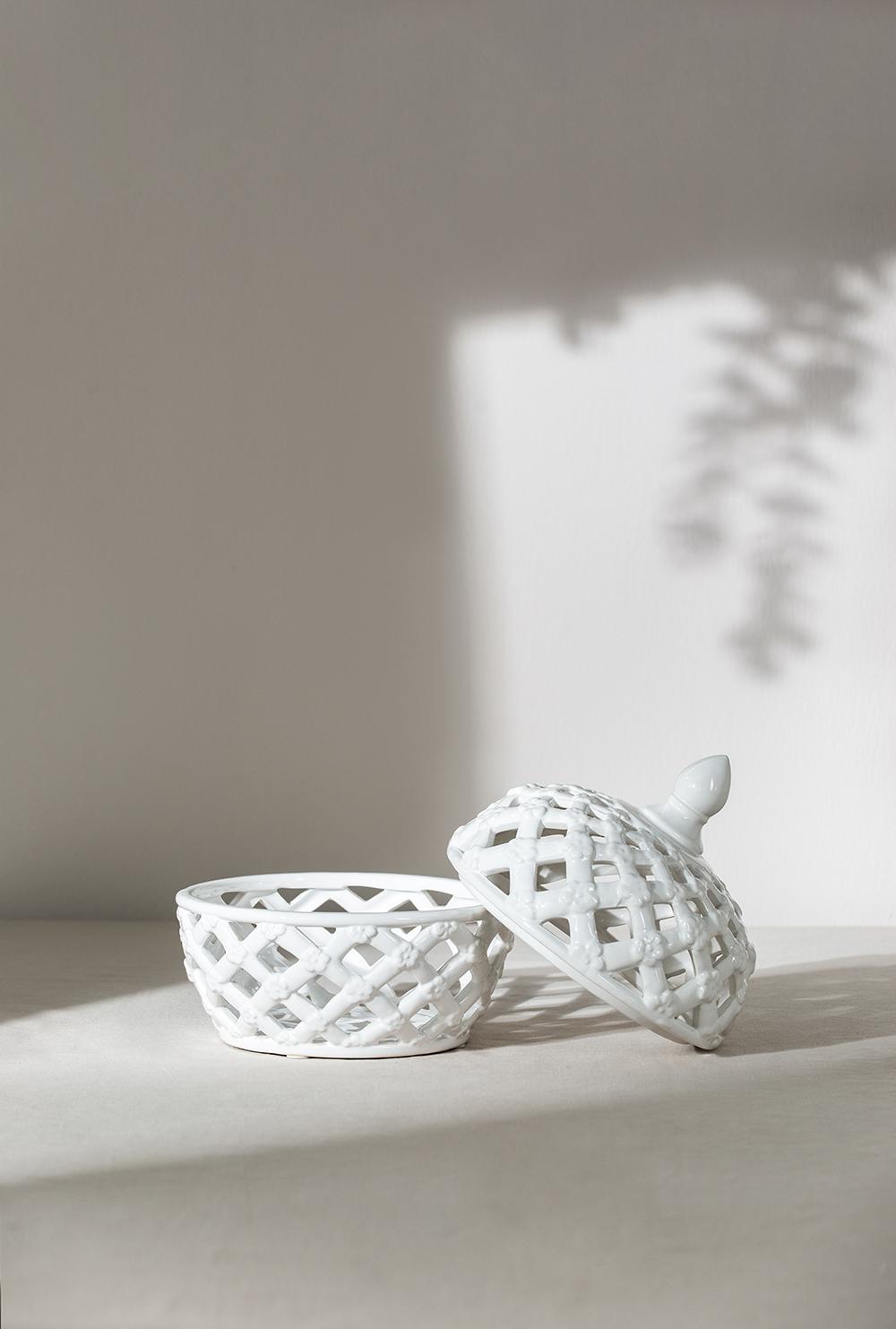Decorative White Glazed Ceramic Jar with Lattice Design