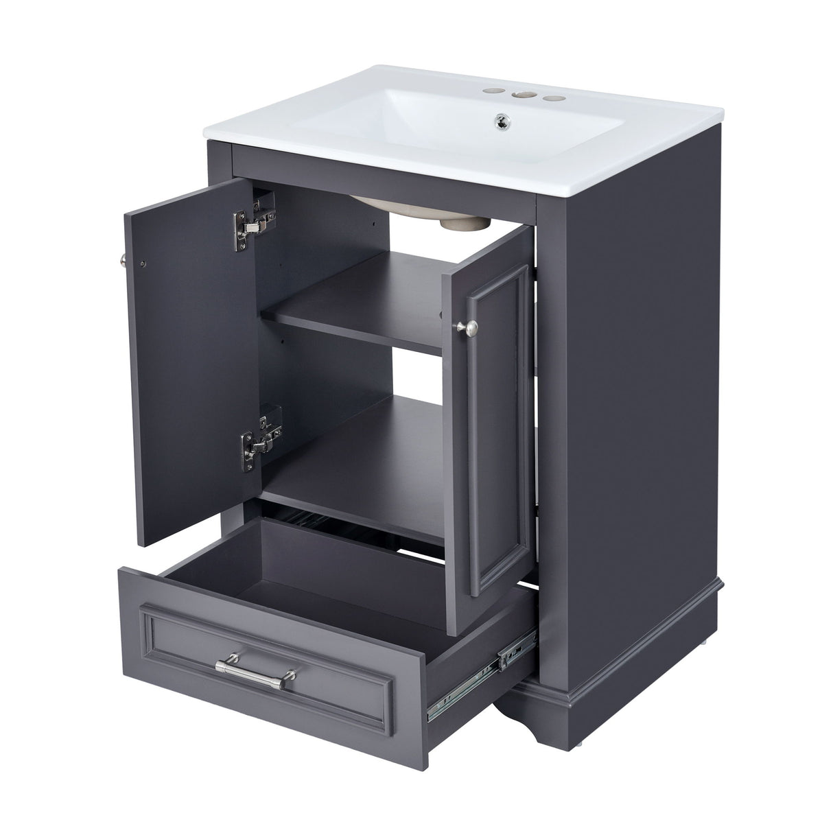 Bathroom Vanity With Ceramic Sink Combo, Modern Freestanding Storage Cabinet With Silver Handles