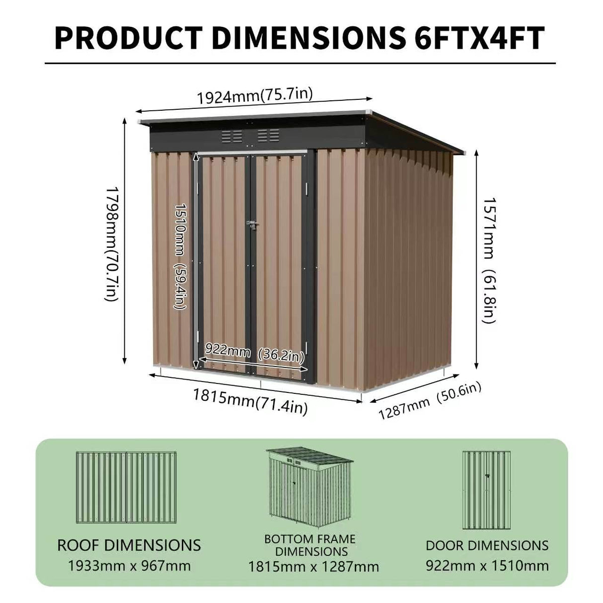6x4 FT Metal Garden Shed With Hinge Door Pent Roof