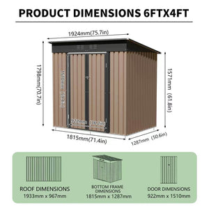 6x4 FT Metal Garden Shed With Hinge Door Pent Roof