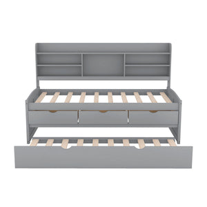 Captain Bed With Built In Bookshelves, 3 Storage Drawers, And Trundle