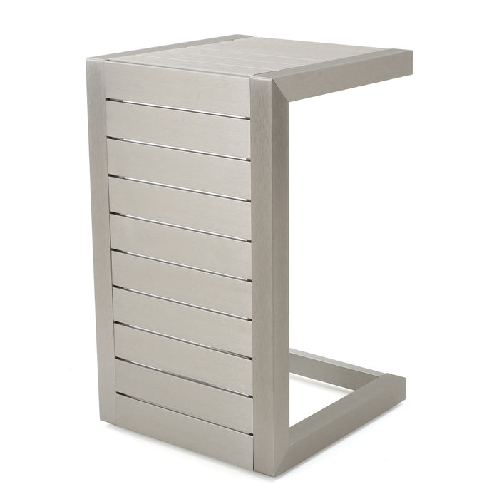 Aluminum Outdoor C-Shaped Side Table with Rust-Resistant Finish in Pearl Silver