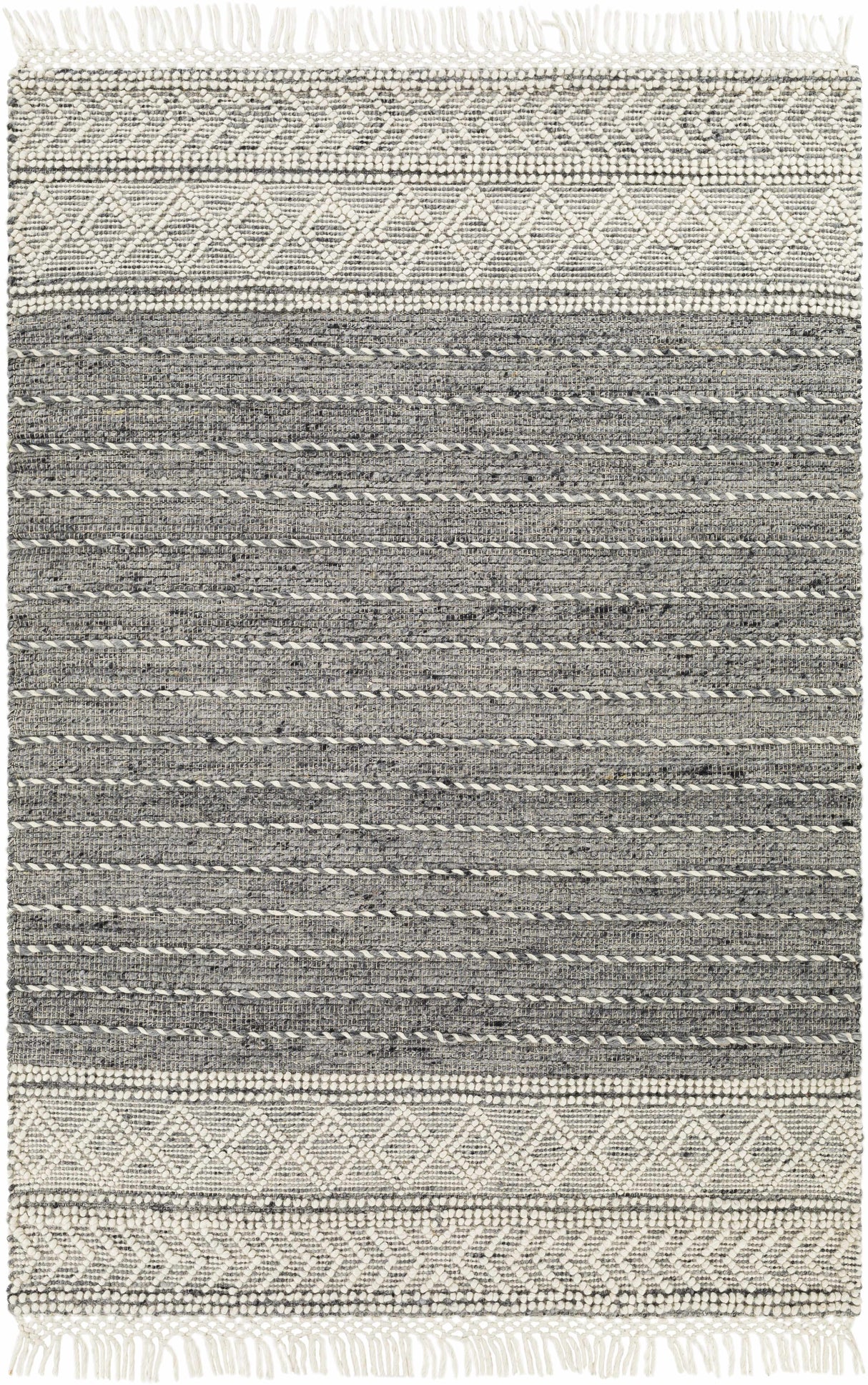 Charcoal Cream Arguvan Wool Blend Braided Tassel Area Rug - Clearance