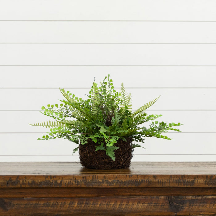 Nearly Natural 11" Artificial Mixed Fern Plant with Twig and Moss Basket