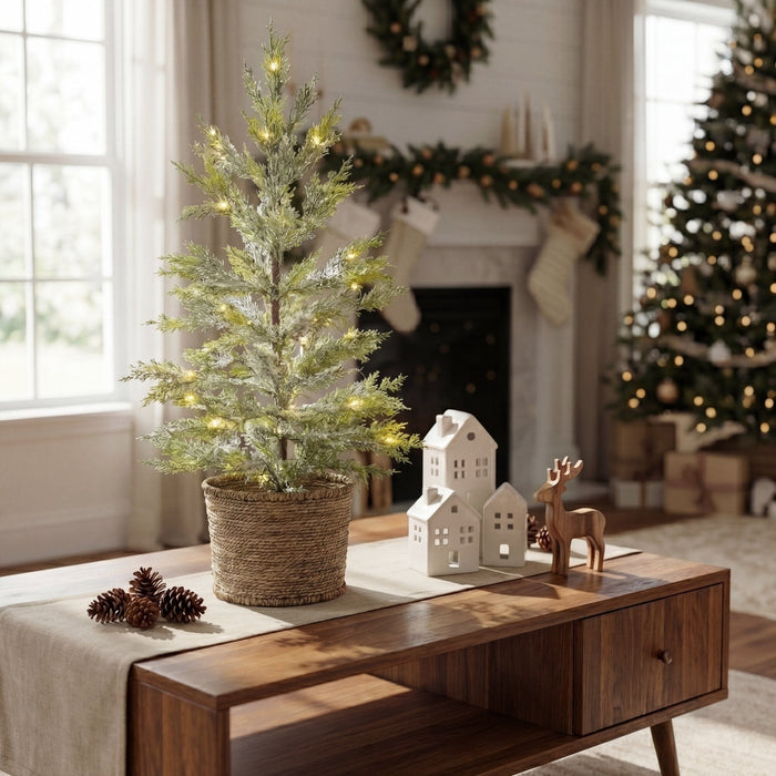 Nearly Natural 2’ Pre-Lit Artificial Snowed Cypress Christmas Tree with 30 LED Lights in Hyacinth Basket