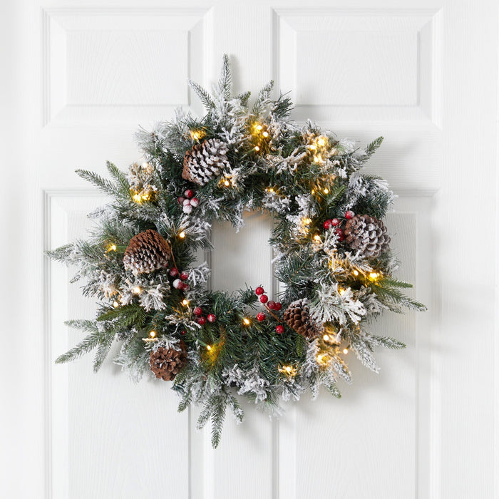 Nearly Natural 20” Flocked Artificial Christmas Wreath with 35 Warm White LED Lights