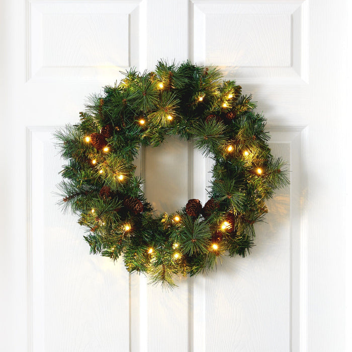 Nearly Natural 20” Mixed Pine and Pinecone Artificial Christmas Wreath with 35 Clear LED Lights